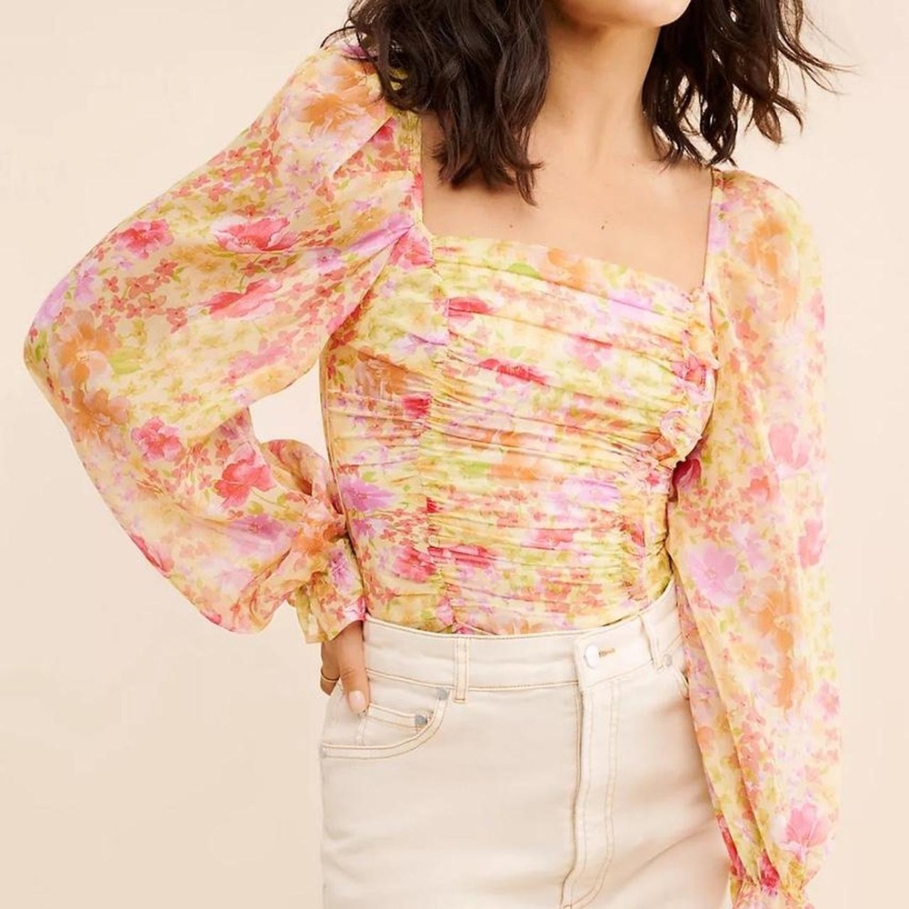 ASTR The Label Tonina Ruched Blouse Women's Size Large Yellow Floral Chiffon